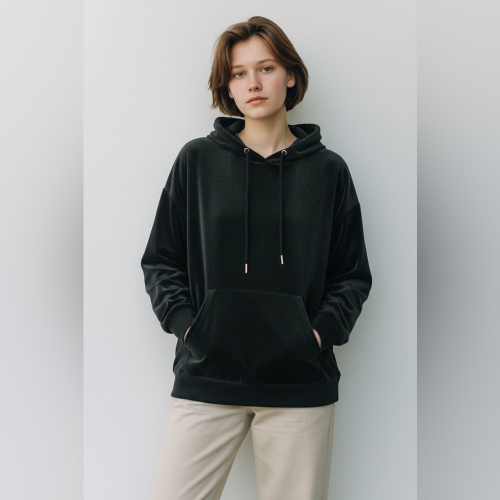 GREEN TEA Velour Pullover Hoodie M 24” p2p Black NWOT